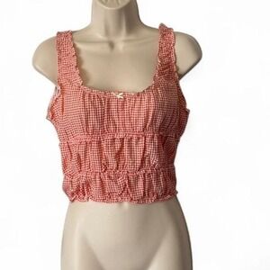 Red & White Sleeveless Gingham Ruffle Crop Top